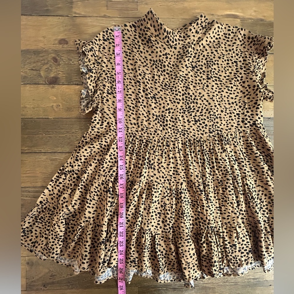 TAN & BLACK Leopard Print Tiered Babydoll Ruffle Cap Sleeves Boho Peplum Blouse - Picture 13 of 14